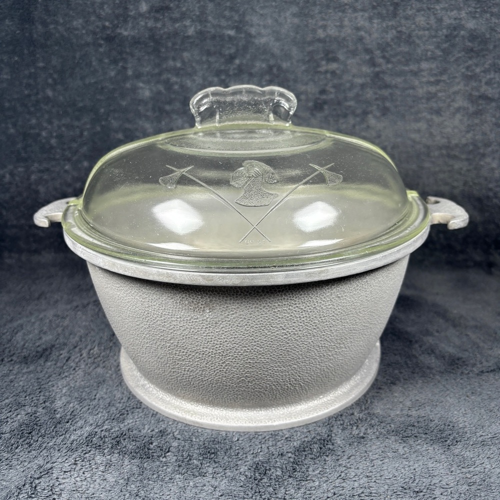 Vtg Guardian Ware Service Cast Hammered Aluminum 9" Round Roasting Pot Glass Lid